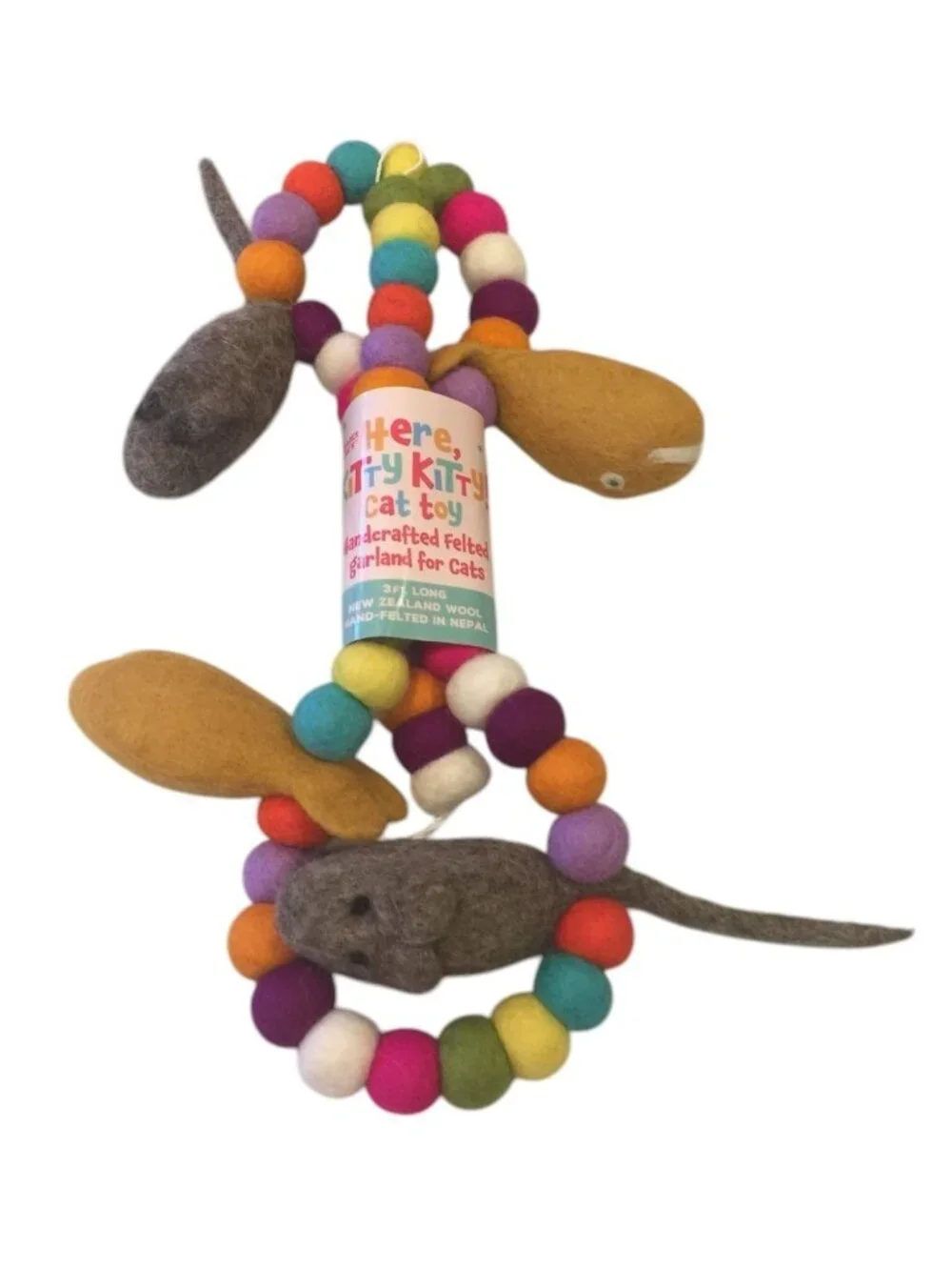 Trader Joe's HERE KITTY KITTY! Cat Toy Felted 3' Garland Mice Fish Balls